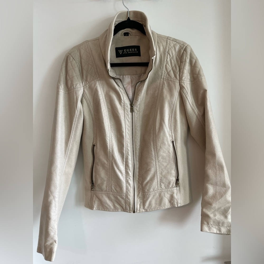 Guess faux leather motorcycle jacket, off-white/cream, womens L